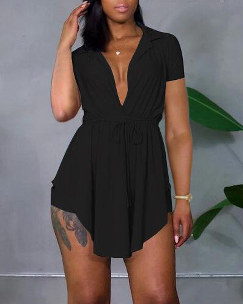 

Drawstring Waist Asymmetrical Hem Top & Shorts Set, Black