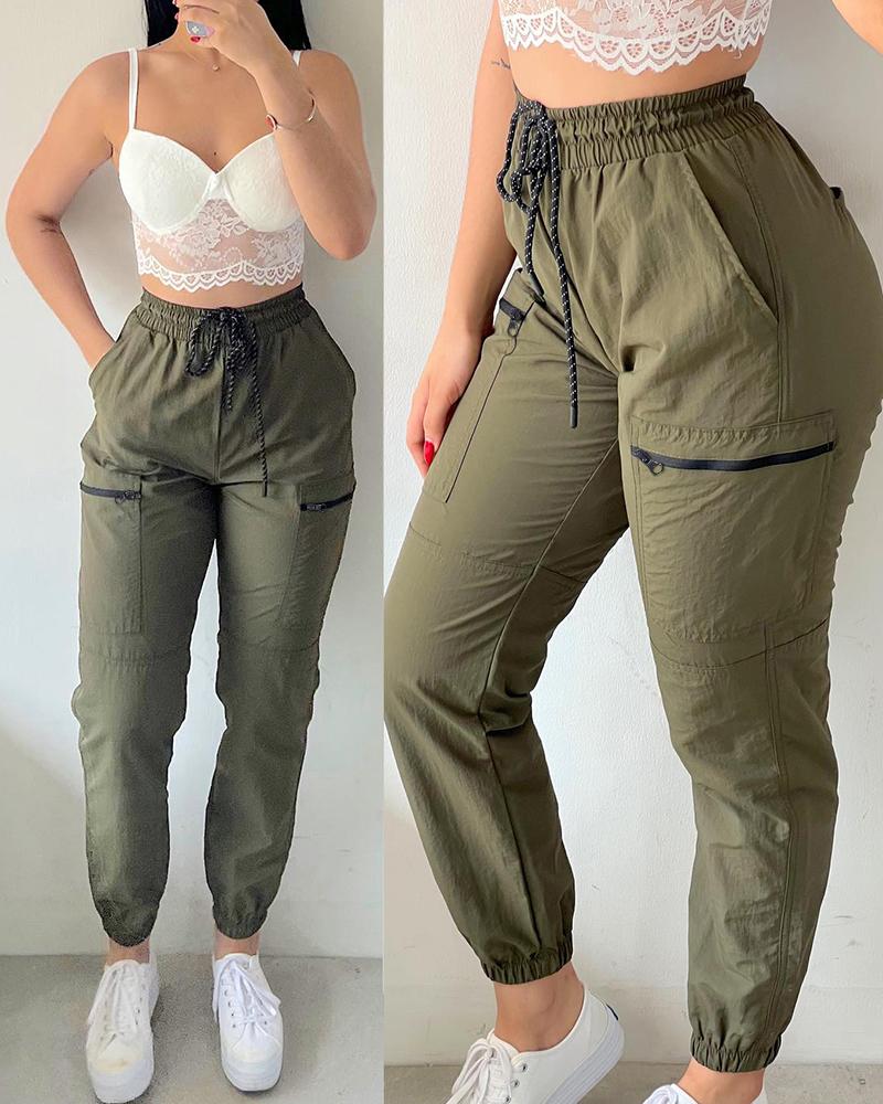 

High Waist Zipper Design Drawstring Cargo Pants, Army green