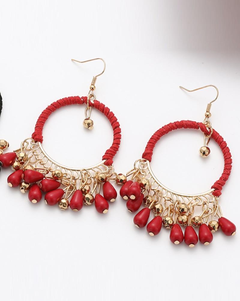 

1Pair Bohemian Braided Waterdrop Tassel Hoop Earrings, Red