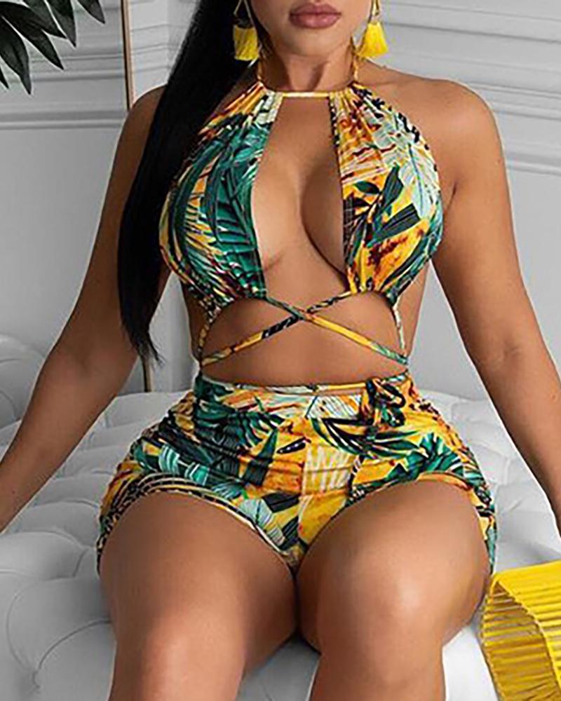 

Halter Tropical Print Cross Cutout Backless Romper, Yellow