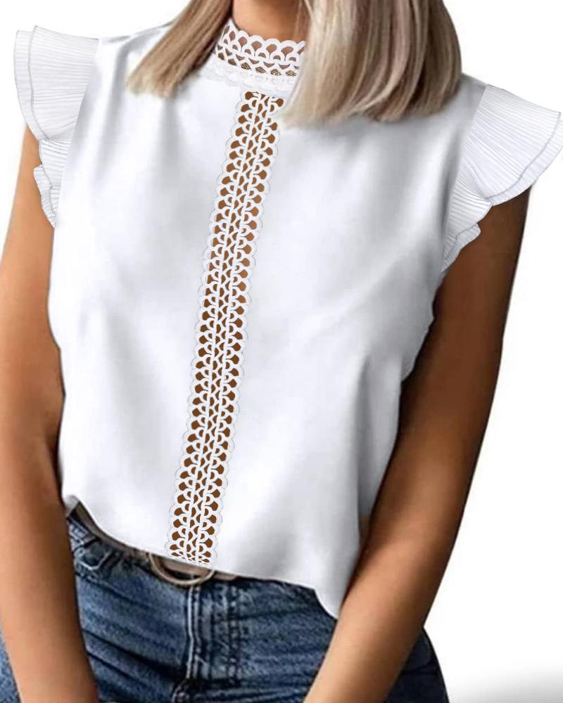 

Contrast Lace Flutter Sleeve Top, White