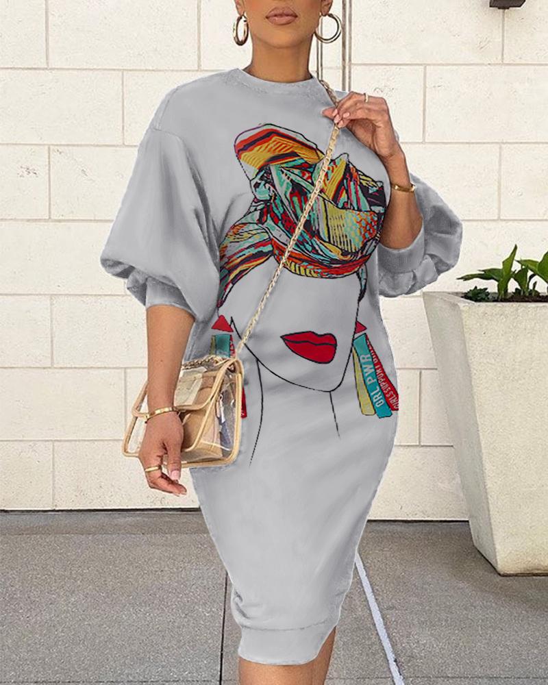 

Lantern Sleeve Figure Print Sweatshirt Dress, Gray