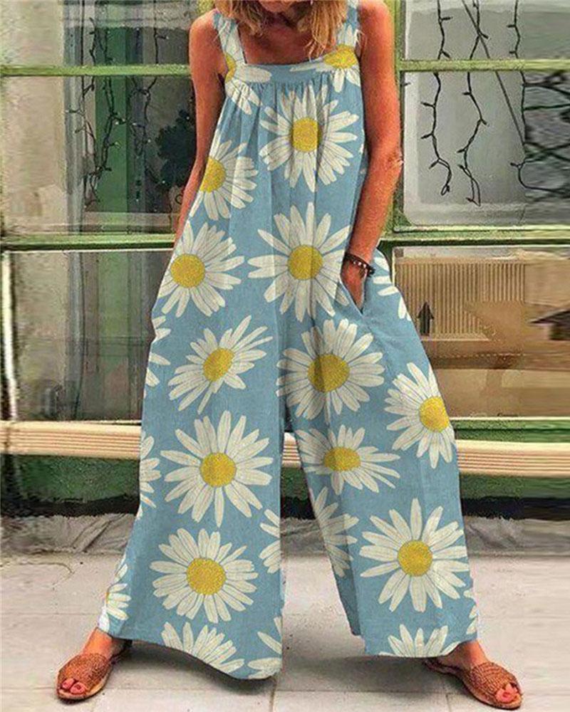 

Daisy Print Wide Leg Suspender Jumpsuit, Blue