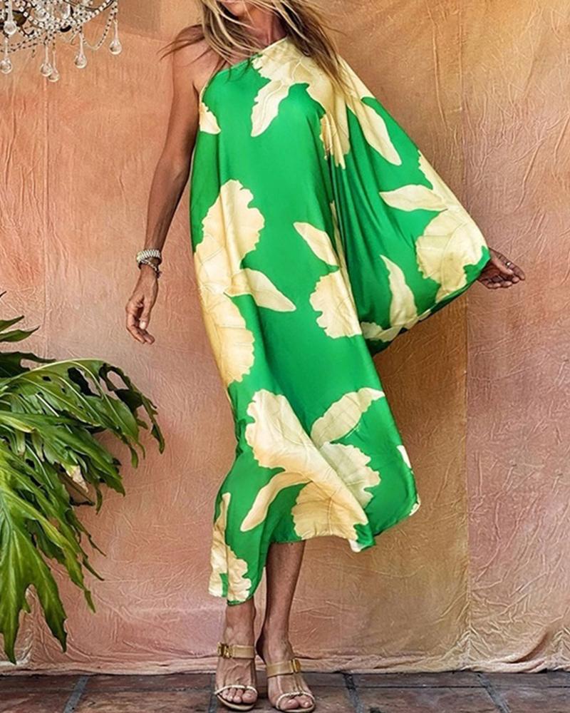 

One Shoulder Floral Print Asymmetrical Maxi Dress, Green