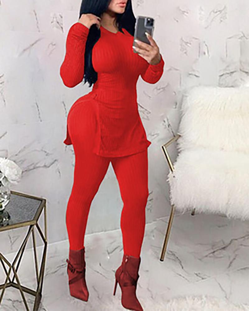 

Ribbed Slit Long Sleeve Top & High Waist Pants Set, Red