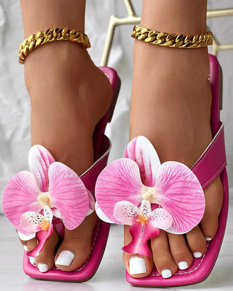 

Pantuflas casuales con punta cuadrada y estampado floral, Hot pink