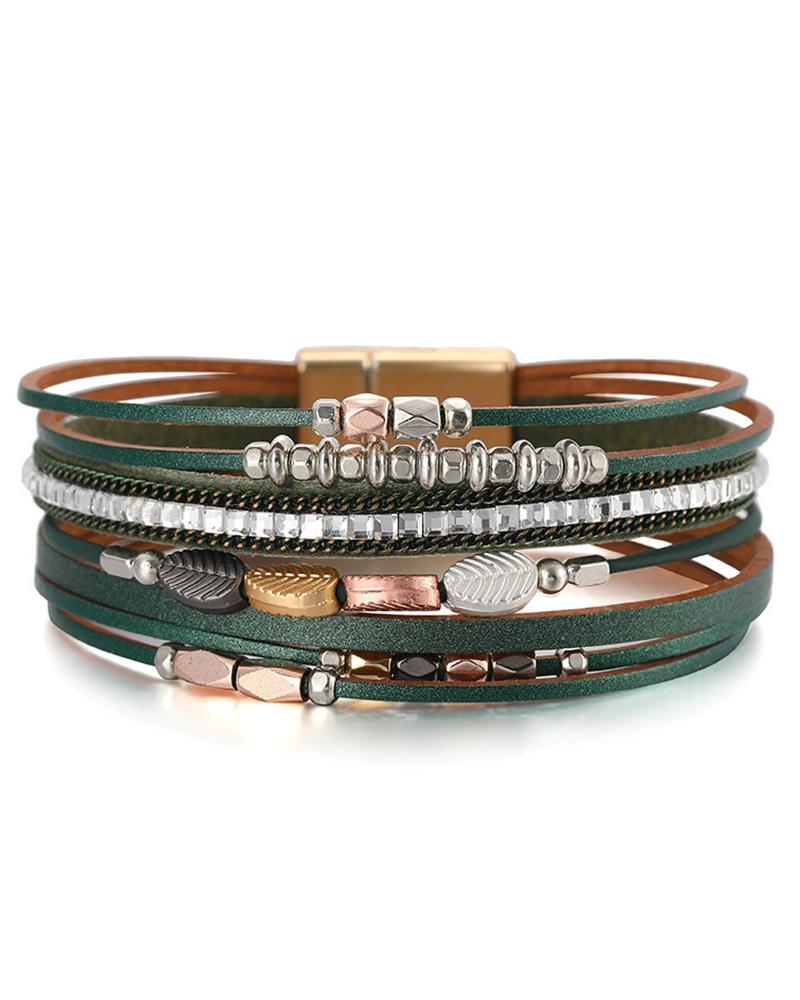

1pc Tribal Beaded Multi-layer Magnet Wide Bracelet, Green