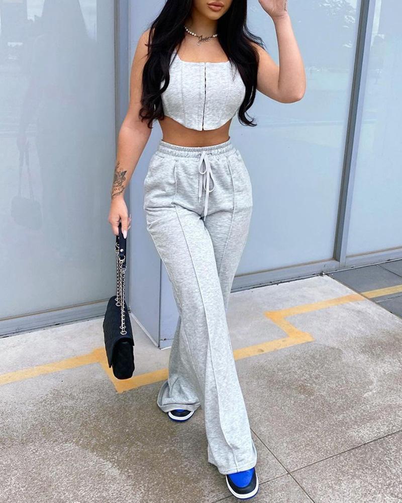 

Corset Crop Top & Contrast Piping Drawstring Pants Set, Gray