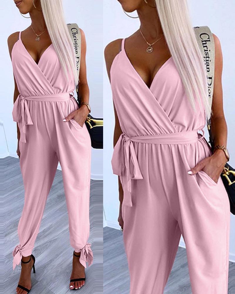 

V-Neck Tied Detail Pocket Design Jumpsuit, Pink