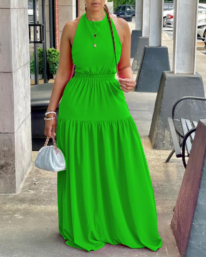 

Plain Halter Backless Maxi Dress, Green