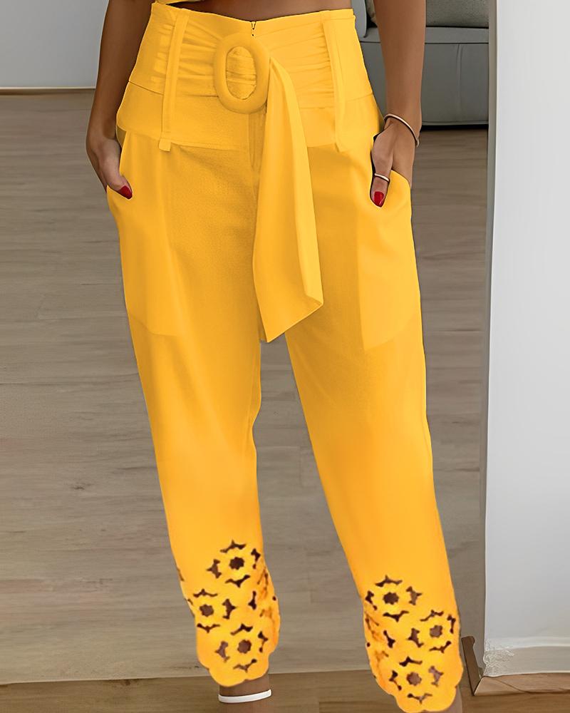 

Hollow Out Belted Pocket Design Pants, Yellow