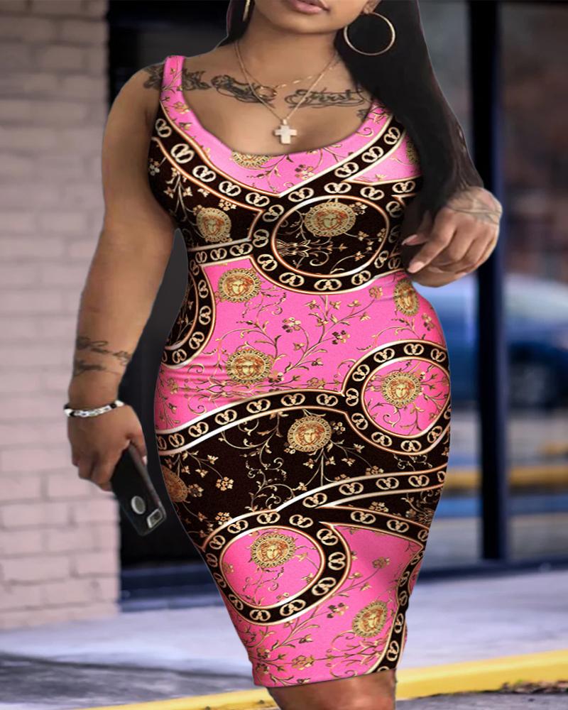 

Plus Size Baroque Scarf Print U-Neck Sleeveless Bodycon Dress, Pink