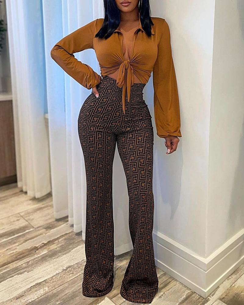 

Lantern Sleeve Tied Detail Top & Abstract Print Pants Set, Brown
