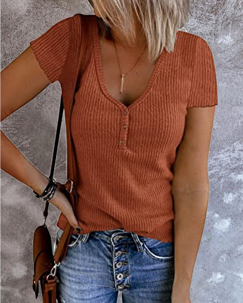 

Short Sleeve Button Front V-Neck Casual T-shirt, Brown