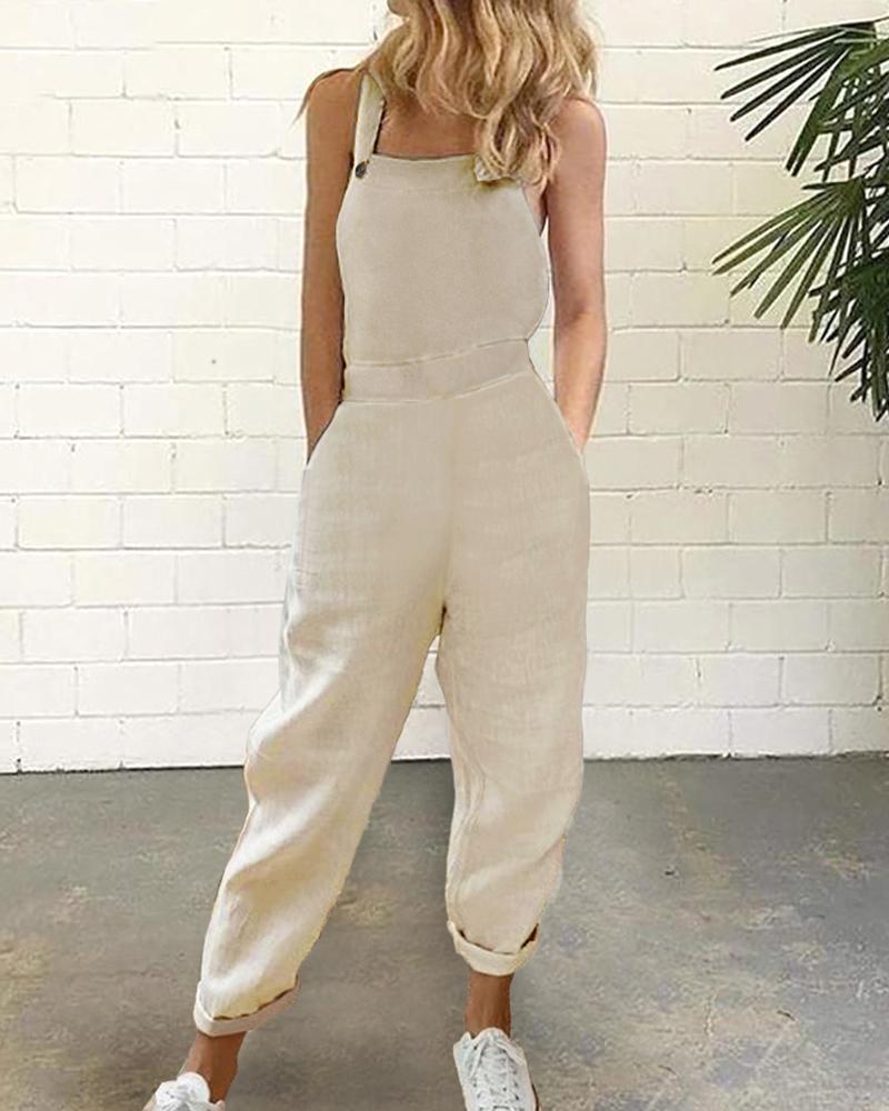 

Pocket Design Cuffed Suspender Jumpsuit, Khaki