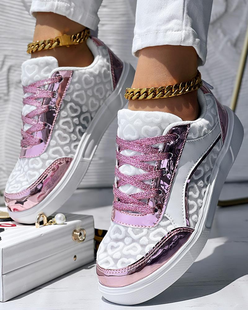 

Heart Pattern Sheer Mesh Lace Up Casual Sneakers, White&rose red