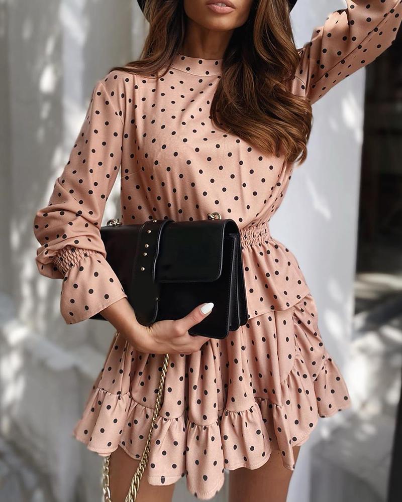 

Polkadot Print Knotted Ruffles Dress, Coffee