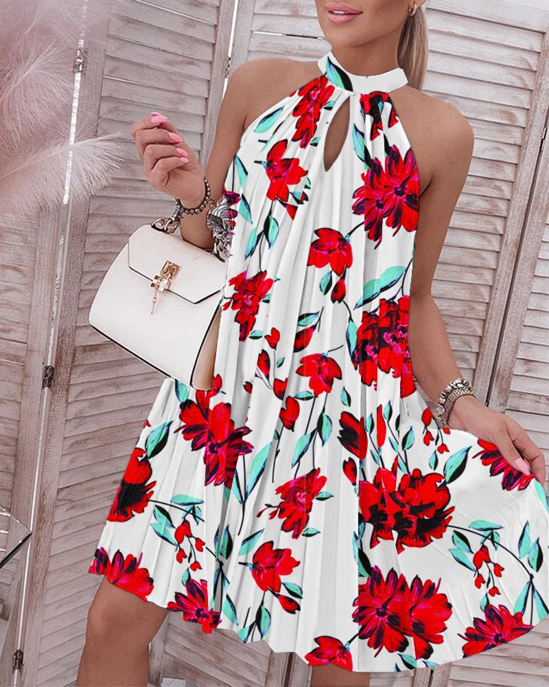 

Floral Print Sleeveless Pleated Dress, White