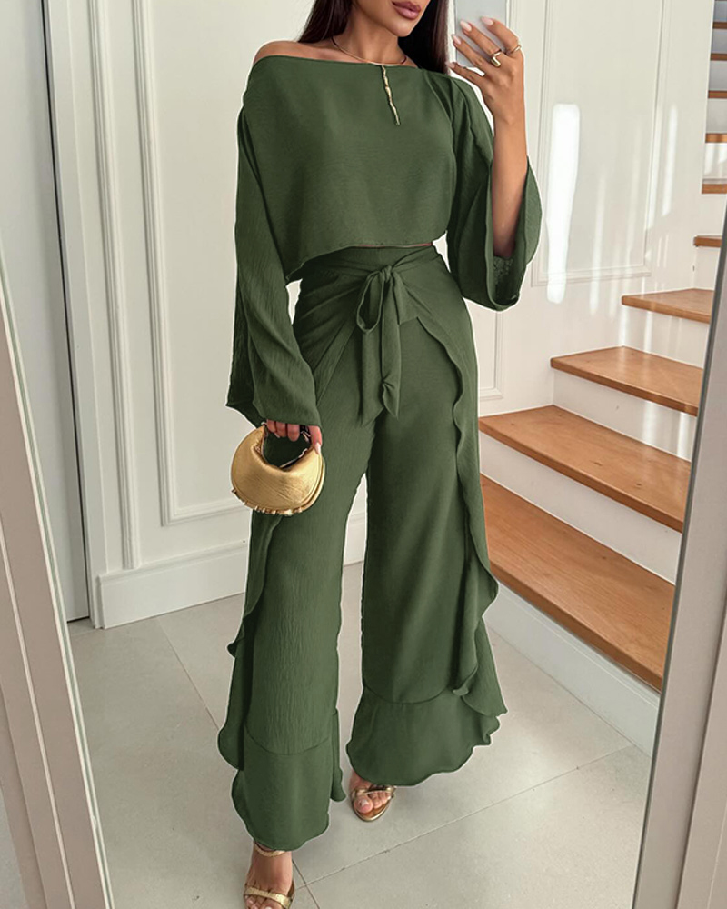 

Conjunto de 2 peças com blusa e calça de perna larga, ombro de fora, manga sino e detalhe amarrado casual, Dark green