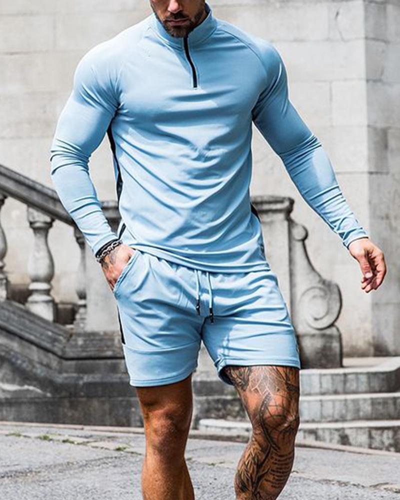 

Solid Color Side Striped Long Sleeve Blouse With Short Pants Active Sets, Blue
