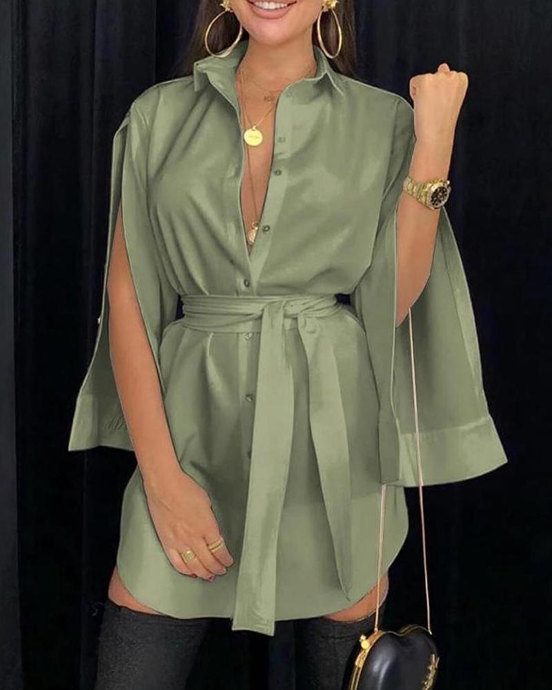 

Plain Long Sleeve Slit Shirt Dress, Dark green
