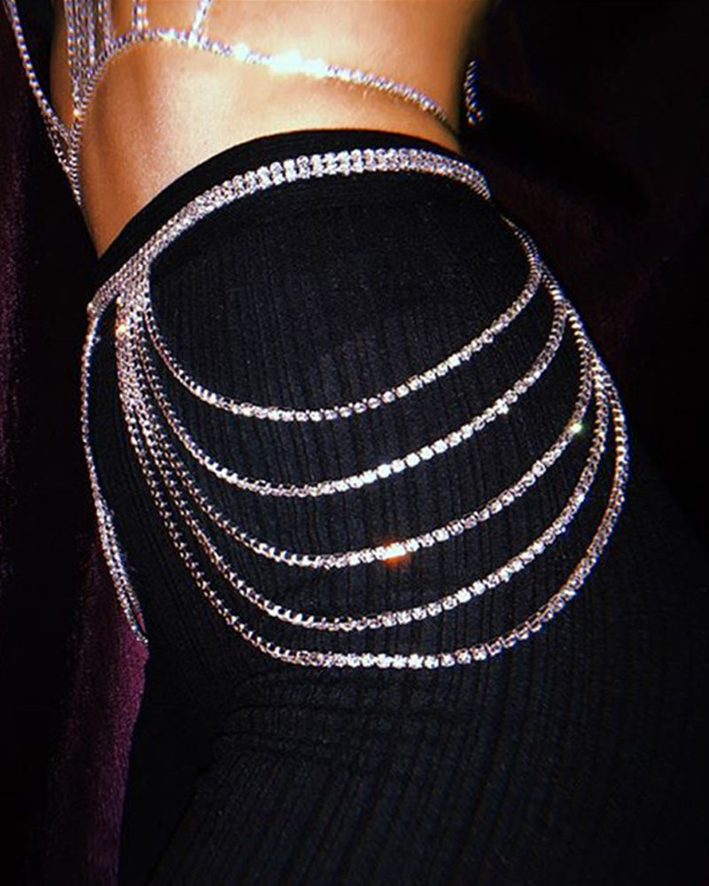 

1PCS Rhinestone Decor Layered Waist Chain, Silver