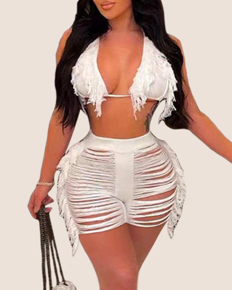 

Tassel Design Bikini Top & Ladder Cutout Shorts Set, White