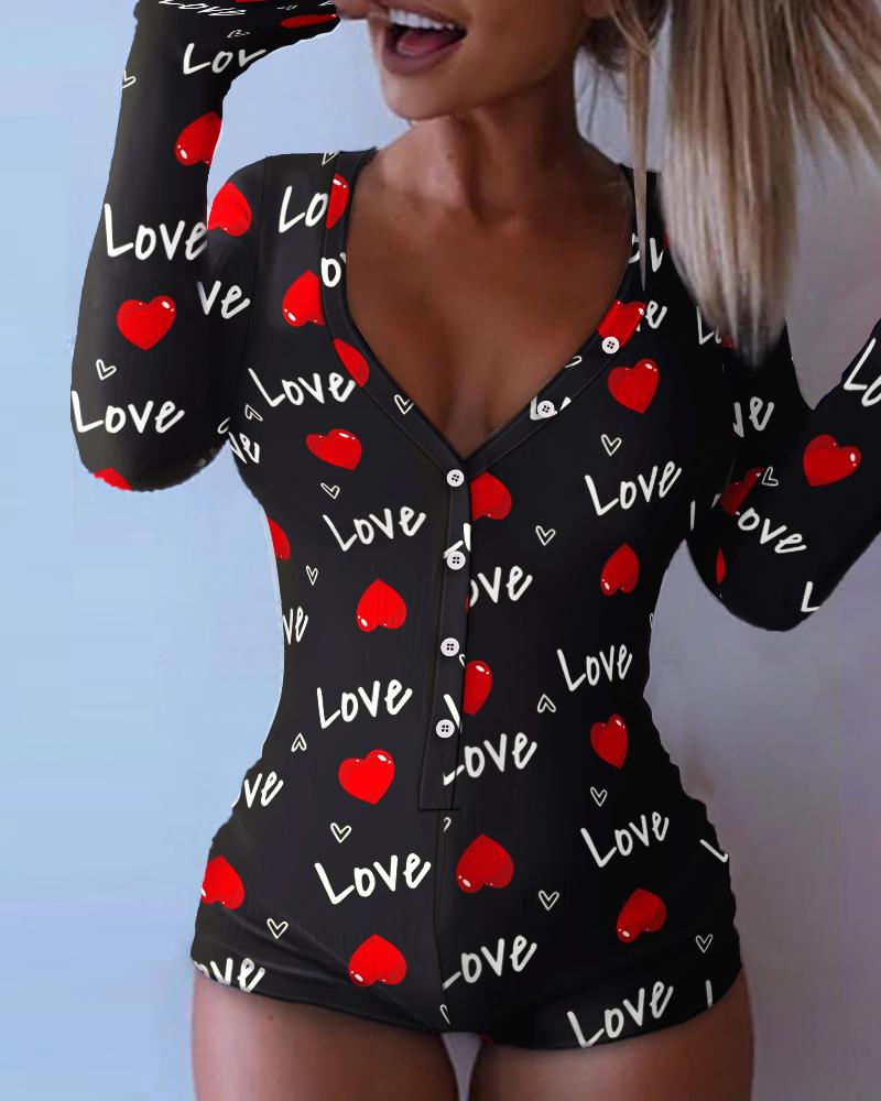 

Heart Letter Print Long Sleeve Button Skinny Romper, Multicolor