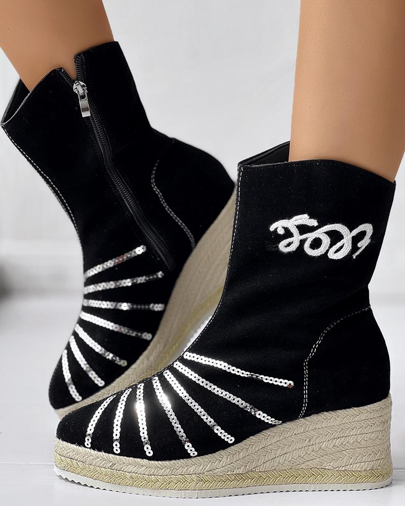 

Graphic Embroidery Sequin Espadrilles Flatform Wedge Ankle Boots, Black