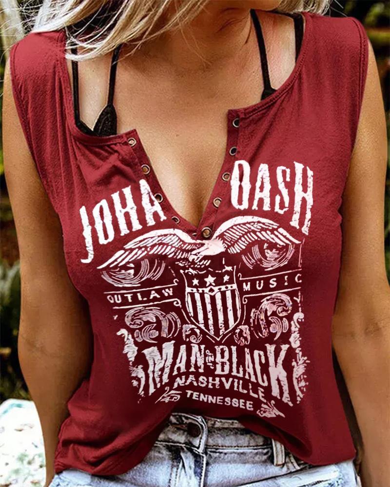 

Letter Print Buttoned Tank Top, Wine red