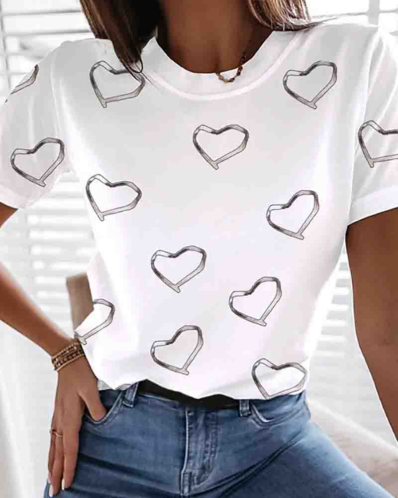 

Graphic Heart Print Round Neck Tops Cotton Basic T-shirt, White