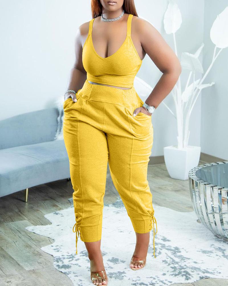 

Thin Strap Crop Top & Eyelet Lace-up Pants Set, Yellow
