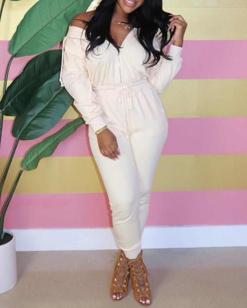 

Plain Zipper Design Drawstring Jumpsuit, Beige