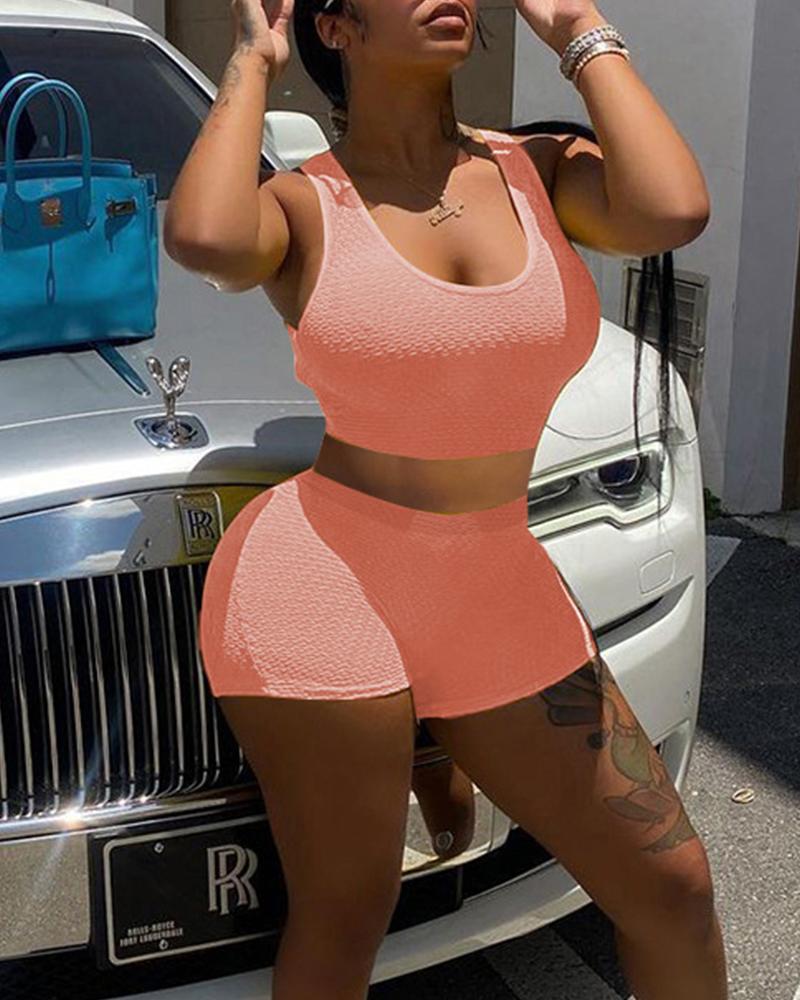 

Solid Sleeveless Skinny Tanks With Shorts Suit Sets, Pink