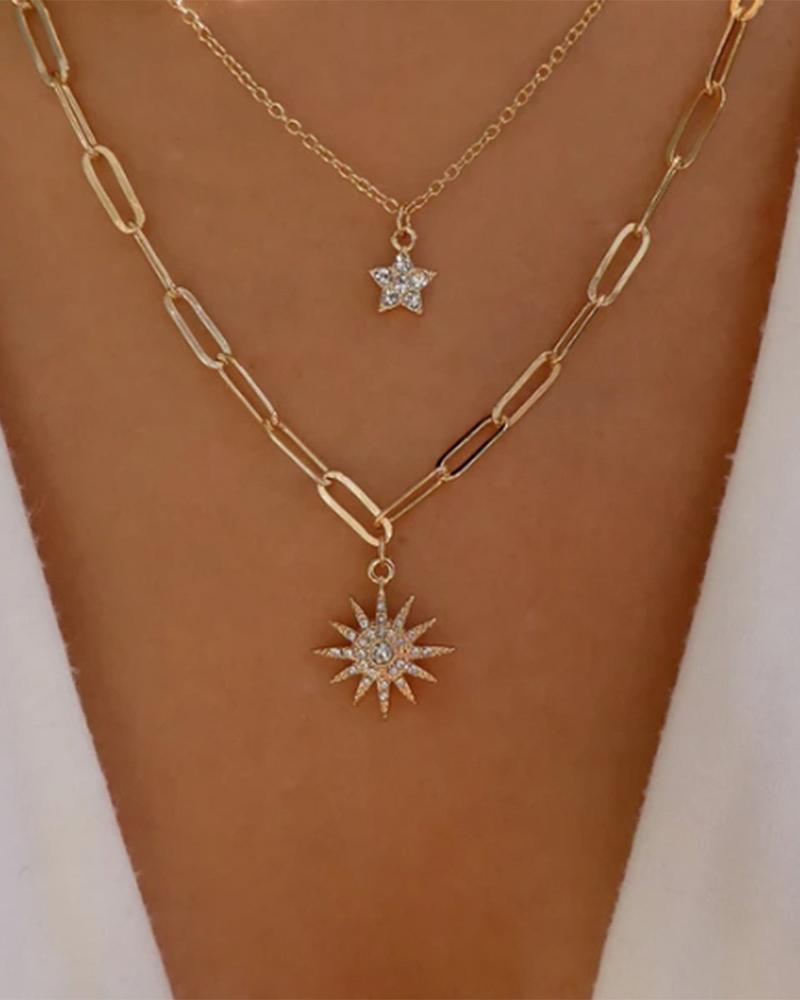 

Sun & Star Pattern Multi-layer Chain Necklace Pendant, Gold