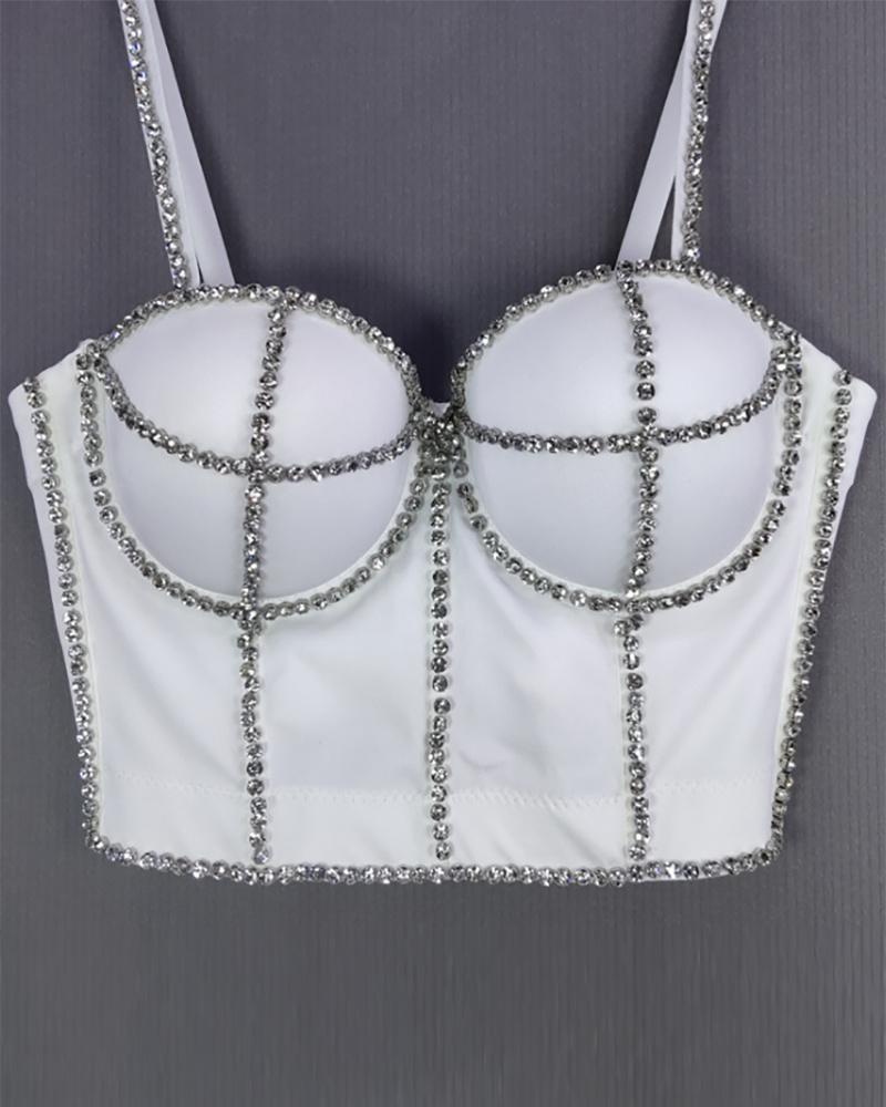 

Rhinestone Decor Spaghetti Strap Corset Crop Top, White