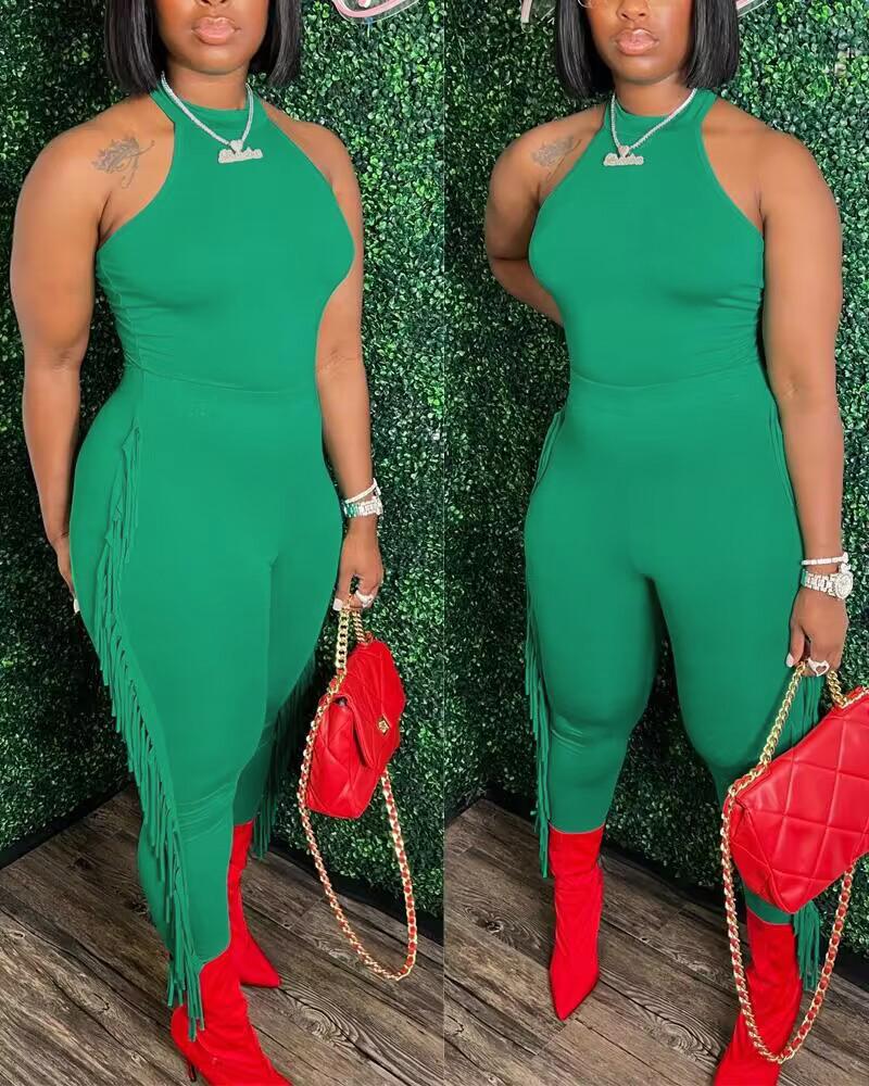 

O-Neck Sleeveless Tank Top & Tassel Design Pants Set, Green