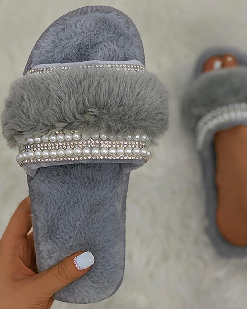 

Beaded Studded Fluffy Slippers, Gray