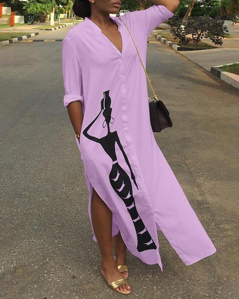 

V-Neck Graphic Print Pocket Design Slit Maxi Dress, Purple