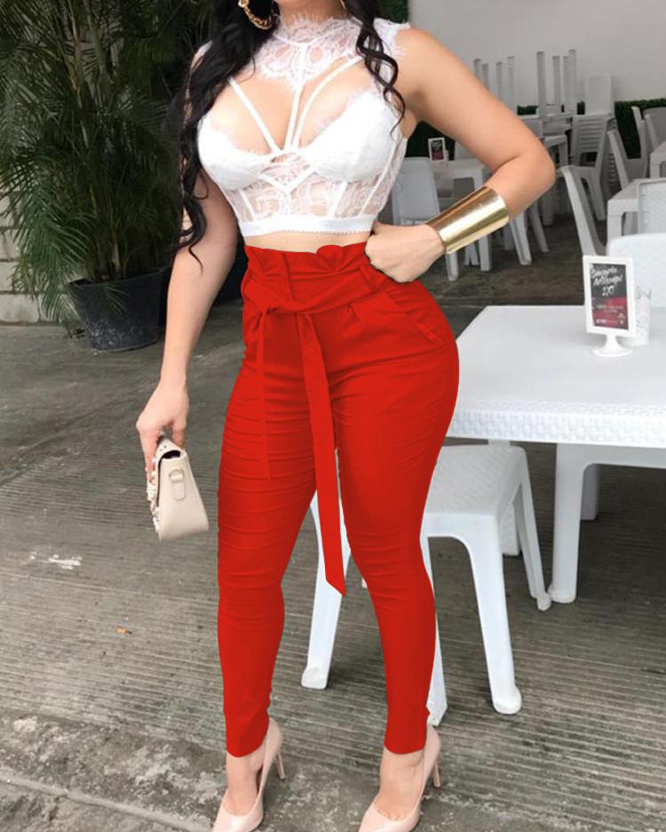 

Solid Pocket Design Pencil Pants With Belt, Orange