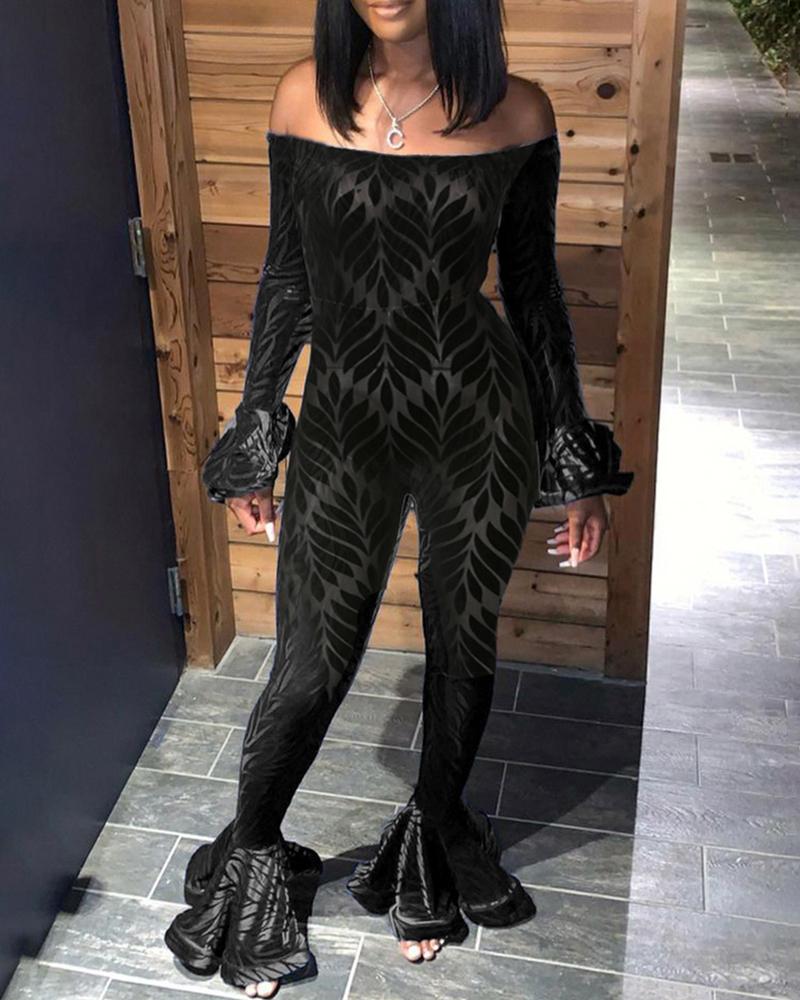 

Velvet Bell Sleeve Flared Off Shoulder Jumpsuit, Black