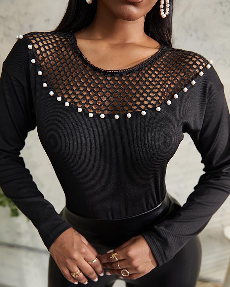 

Beaded Fishnet Design Long Sleeve Top, Black