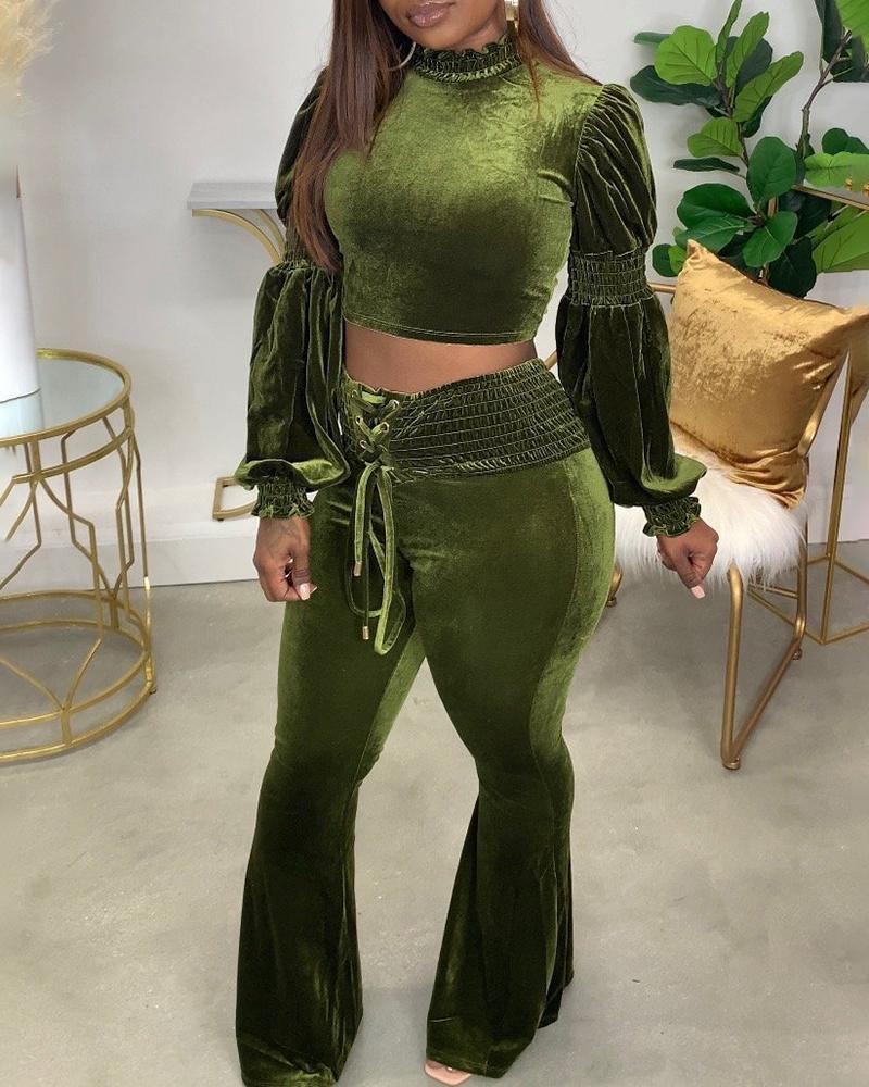 

Frill Hem Lantern Sleeve Crop Top & Shirred Lace-up Bootcut Pants Set, Green