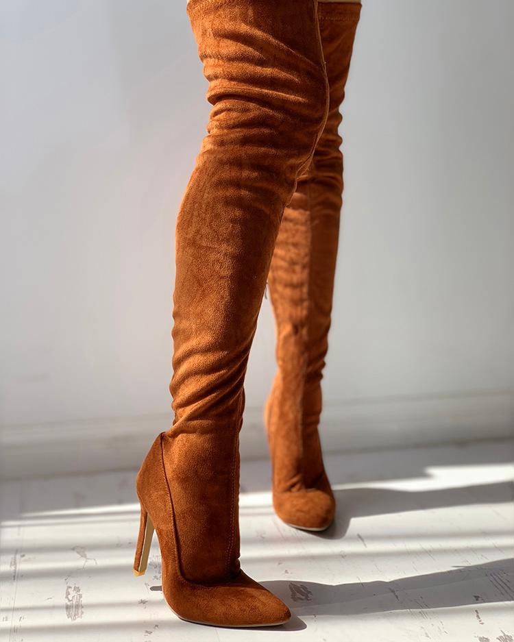 

Knee-High Pointed Toe Heels Red Boots, Brown