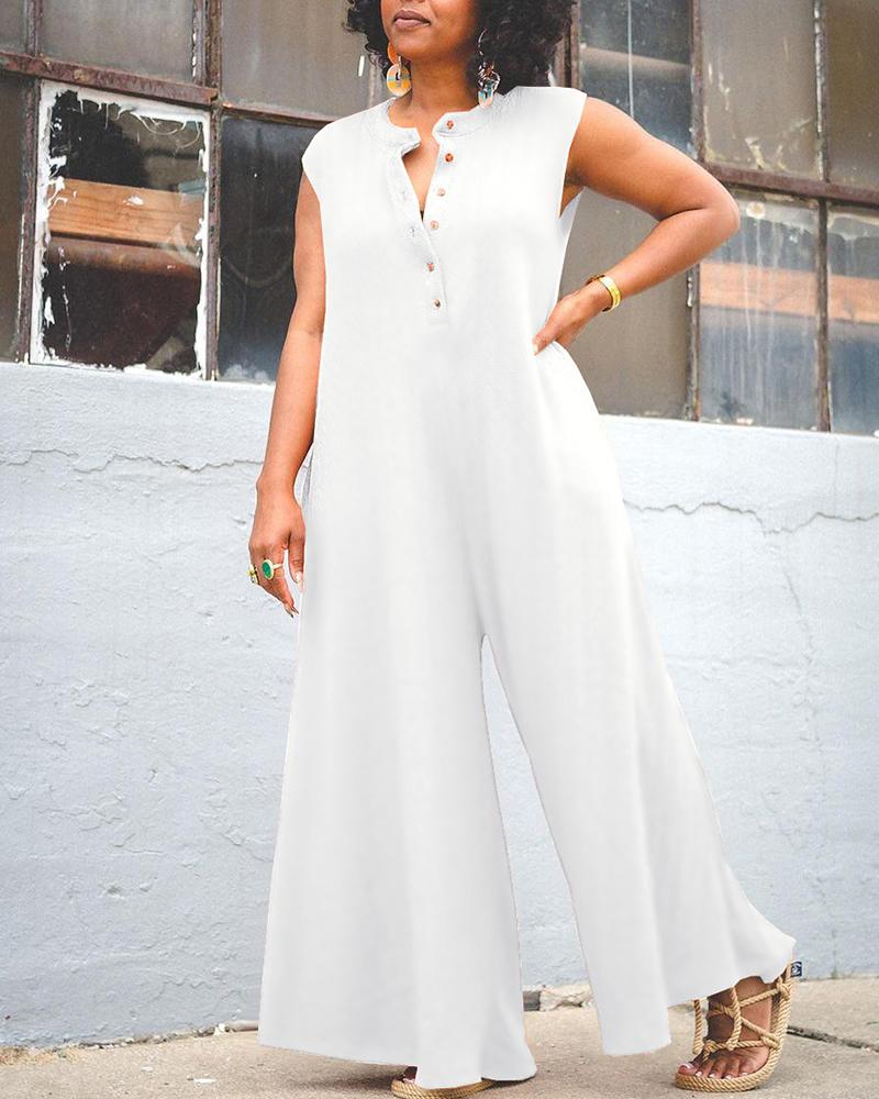 

Plus Size Buttoned Sleeveless Wide Leg Jumpsuit, White