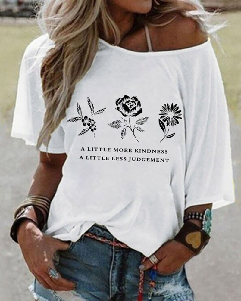 

Floral Letter Print One Shoulder Half Sleeve T-shirt, White