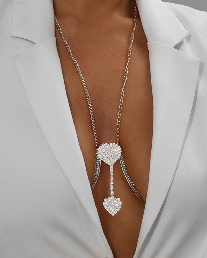 

Rhinestone Double Heart Shaped Body Chain, Silver