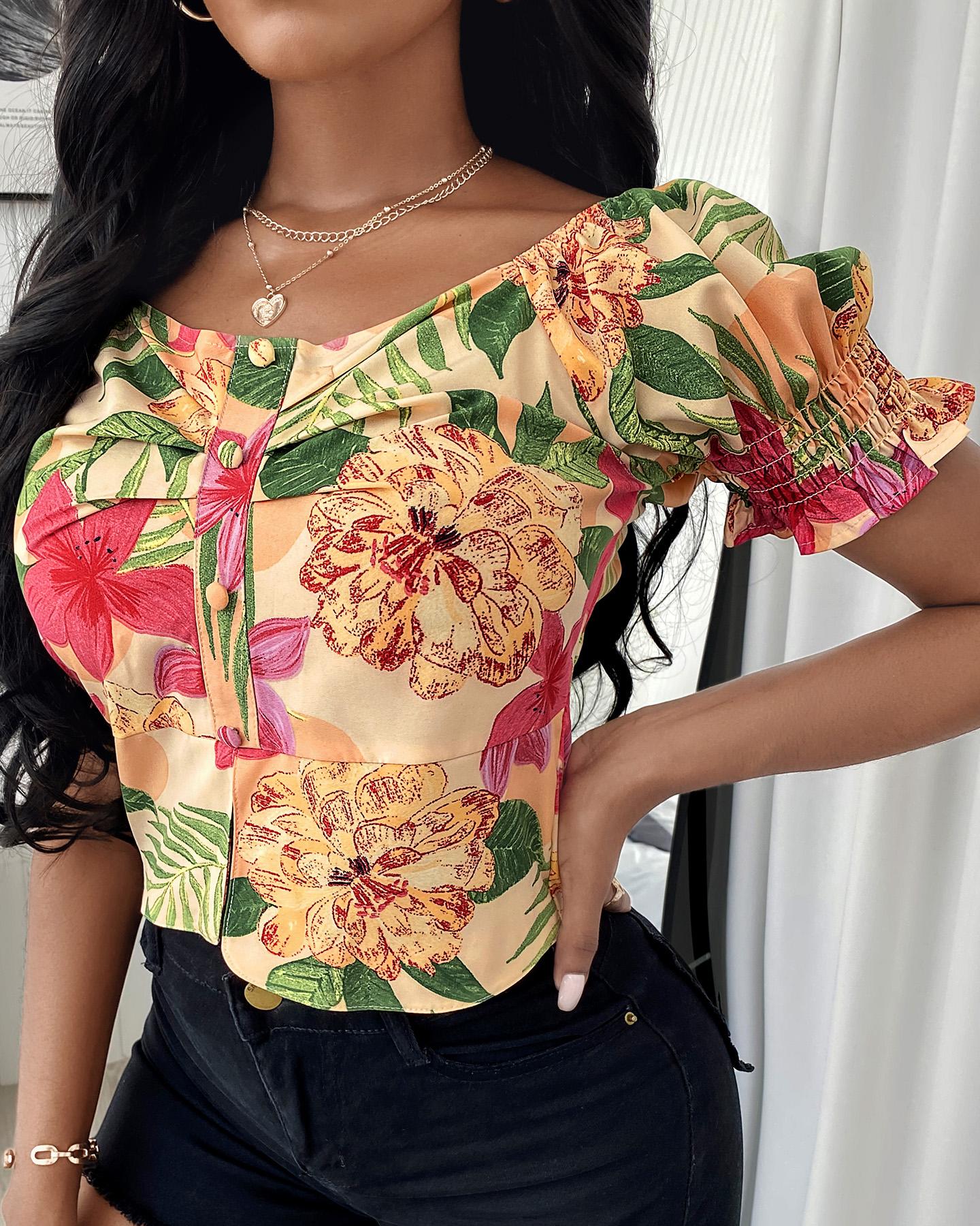 

Tropical Print Puff Sleeve Button Front Top, Multicolor