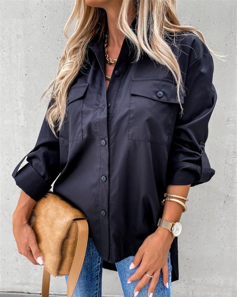 

Button Pocket Design Long Sleeve Shirt, Black