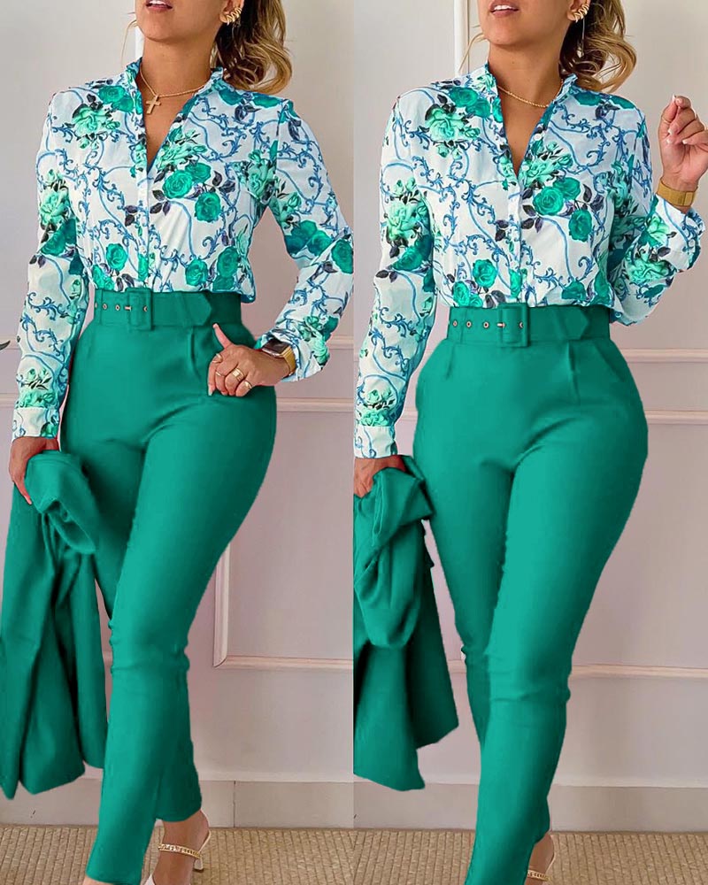 

Floral Baroque Print Shirt & High Waist Pants Set, Emerald